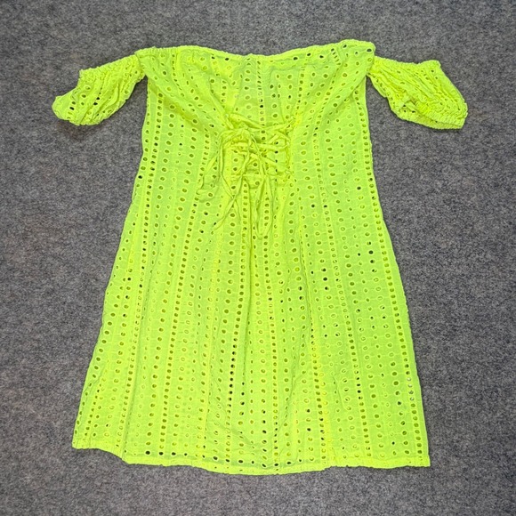 ASOS Neon Yellow Eyelet Lace-Up Back Off Shoulder Mini Dress Bright Summer - Picture 1 of 5